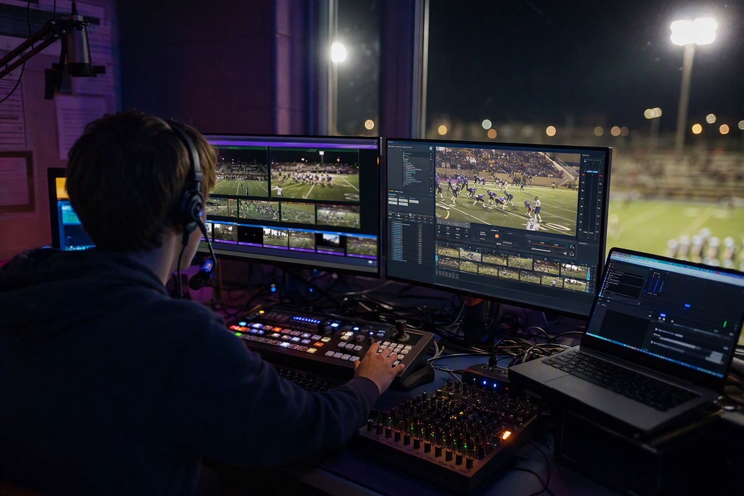 A student operator running a live sports
broadcast switcher in a small control room